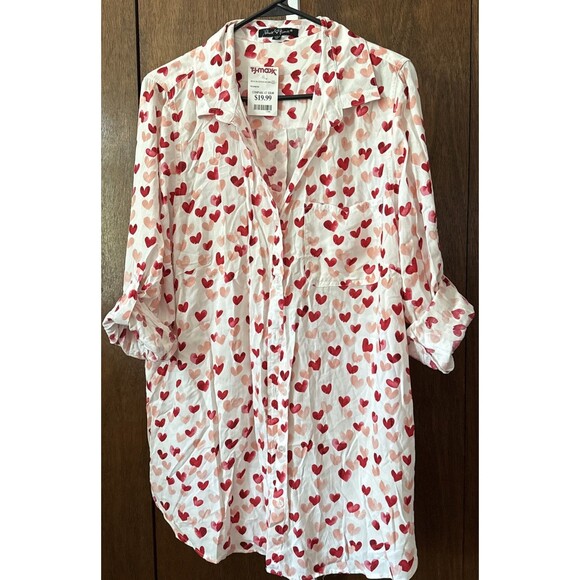 New Velvet Heart Long Sleeve Button-Up Shirt Women's 1 XL Pink Peach Heart Print - Picture 1 of 6